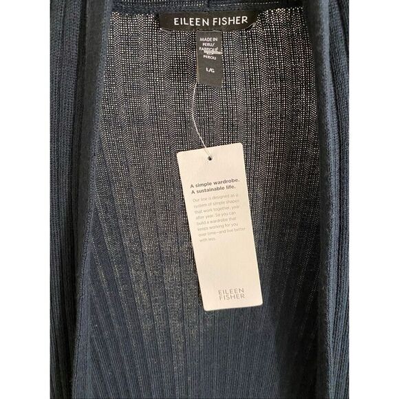 Eileen Fisher Navy Blue Ribbed Knit Shawl Collar Long Cardigan NWT Size Large - Picture 3 of 5
